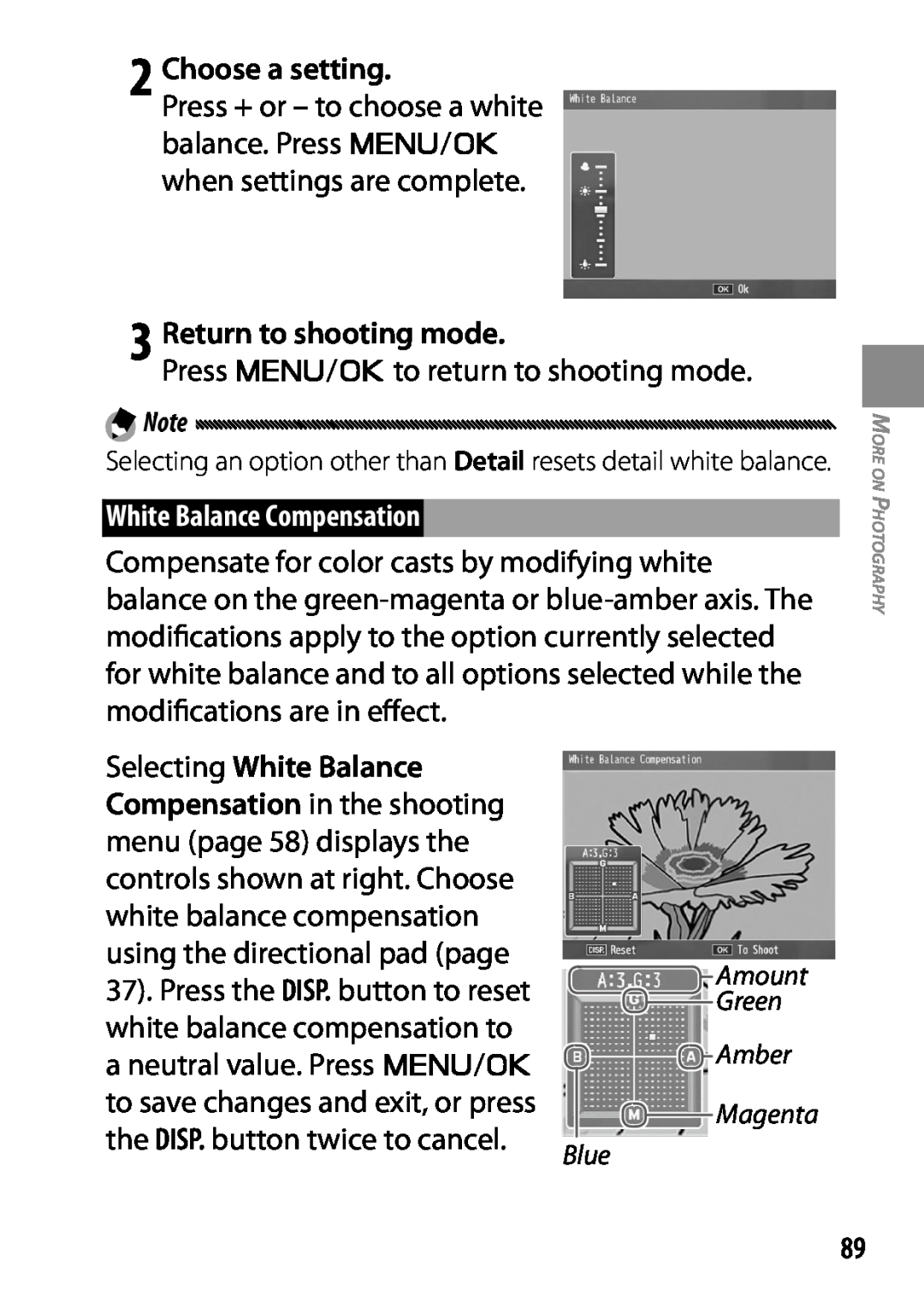 Ricoh 170553, GXR manual 2 Choose a setting, White Balance Compensation, Selecting White Balance, 3 Return to shooting mode 